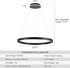 Black Modern LED Chandelier 1-Ring Circular Pendant Light 6000K 36W Dimmable Hanging Light Fixtures for Dining Room Kitchen Island Bedroom Living Room Foyer Stairway