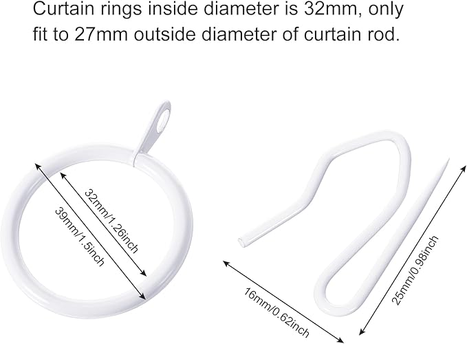 Hotop 30 Pcs Metal Drapery Curtain Rings 0.98/1.26/1.65 inch Interior Diameter and 30 Pcs Hanging Curtain Drapery Pin Hooks for Window Door Shower(32 mm,White)