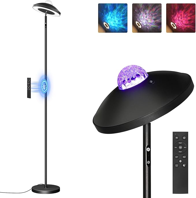 LED Floor Lamp with RGB Galaxy Projector, 18W Double Sided Corner Light Rotatable, Dimmable Standing Lamp with Remote, Black Modern Lamp for Living Room, Bedroom, Kids Room, Gaming B14LD05