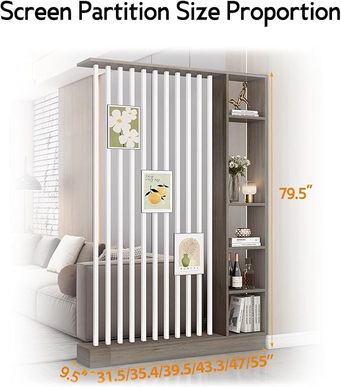 Wall Room Divider, Storage Cabinet Storage Display with Shelves, Modern Freestanding Wood Room Divider Screen, Wall Privacy Screens for Home Decorative (Grey Oak+White,39.5" L x 9.5" W x 79.5" H)