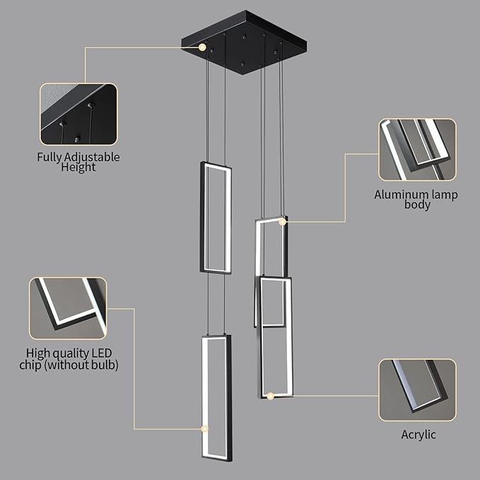 Modern Kitchen Island Dimmable Pendant Light Fixture Black 54W LED Pendant Lights 4 Rings Rectangular Chandelier Staircase Large Chandelier Lobby Living Room Foyer High Ceiling Chandeliers