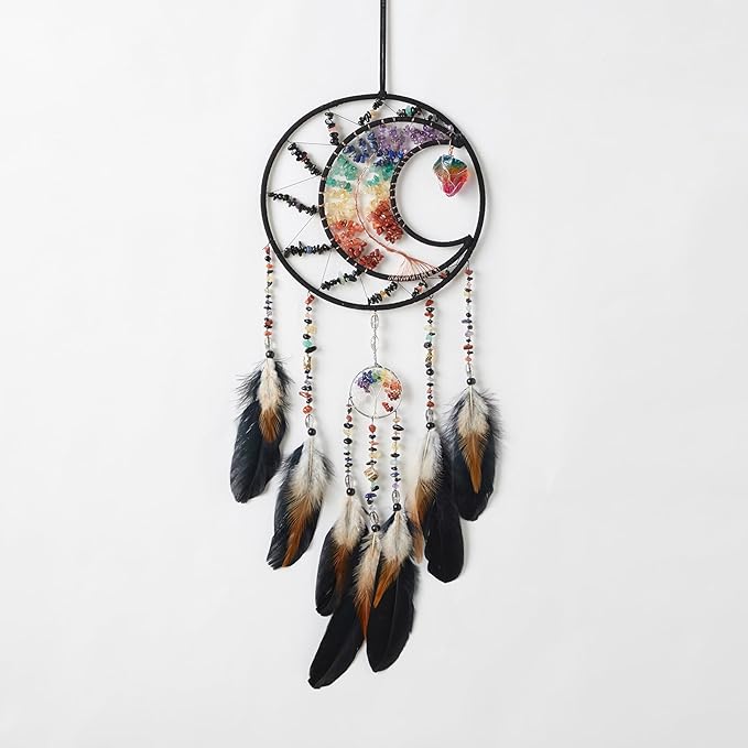 7 Chakras Dream Catchers Tree of Life Dream Catcher Black Feather Dreamcatcher Wall Decor with Healing Crystal Stone & Fluorite Wall Art Hanging for Bedroom Home Decor Bless Gift Wedding Garden