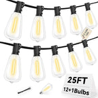 ST38 Outdoor String Lights 25FT with 12+1 LED Bulbs, E12 Socket, Waterproof Commercial Grade, 2700K Warm White for Garden, Backyard, Bistro, Patio, Porch, Deck, Gazebo, Wedding Decor