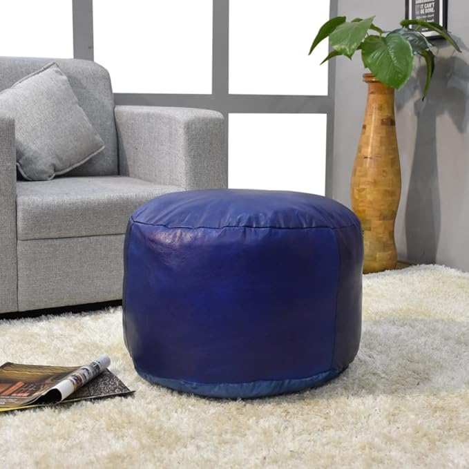 Round Shaped Goat Leather Handmade Eco-Friendly Blue Pouf - Round Shape Pouf, 14" x 14"x 14", Plain Solid Pouf, Goat Leather Pouf, Recycled Cotton Filled Stuffed Pouf, Leather Seating Pouf PF12