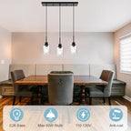 Modern 3-Light Pendant Island Light Fixture Black Ceiling Hanging Lights with Clear Seeded Glass and Adjustable Cord,Industrial Pendant Lighting for Kitchen Living Room Dining Room Foyer