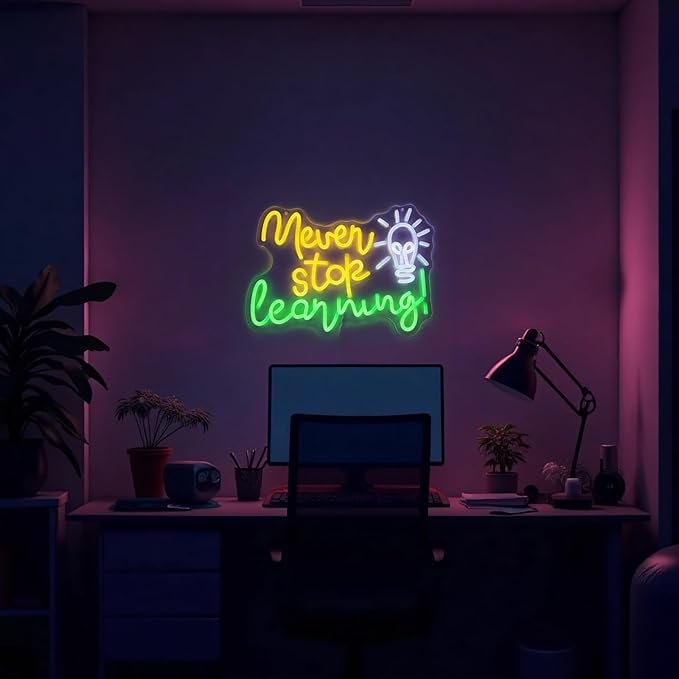 Never Stop Learning Neon Signs for Wall Decor Inspirational Letter Neon Lights Sign USB Powered Dimmable LED Personalized Neon Sign for Office Room, Gym Room, Man Cave, Gamer Room