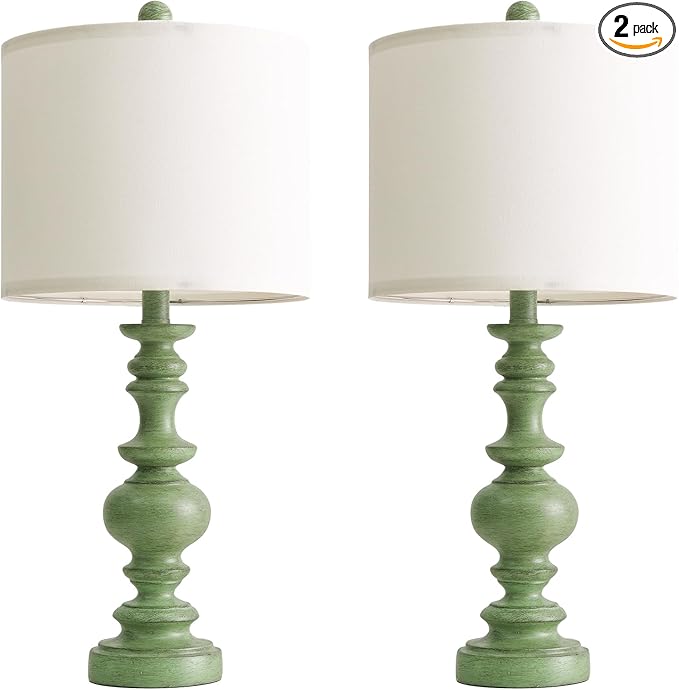 BOBOMOMO 24" Farmhouse Table Lamps Set of 2 – Sage Green Bedside Lamps with Linen Shades, Medium Traditional Lamps for Living Room, Bedroom, and Entryway, Vintage Lamp with Soft Natural Serenity