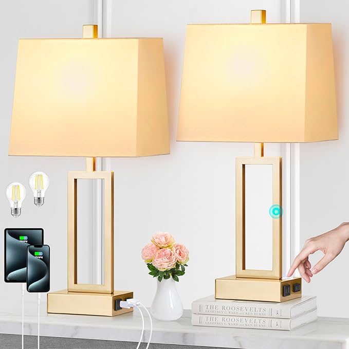Touch Control Table Lamps Set of 2, Modern Gold Bedside Lamps with USB A+C Ports & AC Outlet, 3 Way Dimmable Contemporary Nightstand Lamps for Bedroom Living Room(LED Bulb Included)
