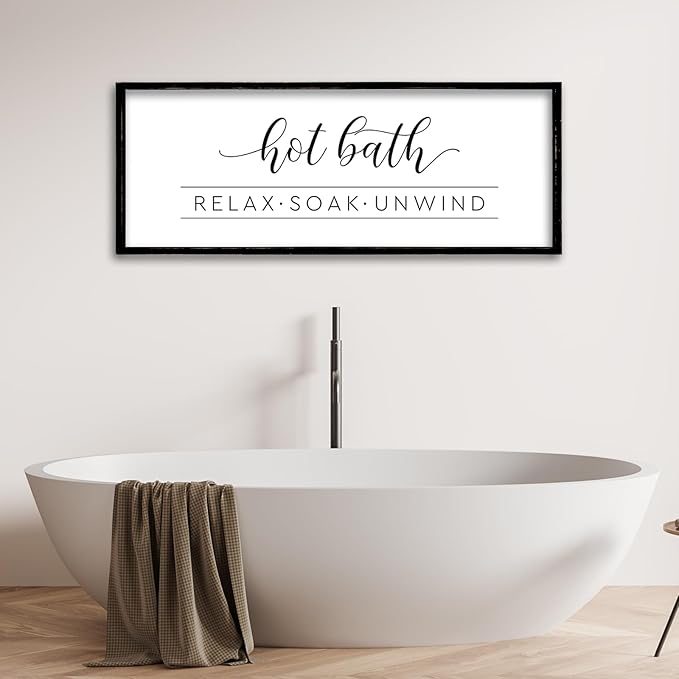 ZZJJHYWGQ Hot Bath Relax Soak Unwind Sign Bathroom Wall Decor 32"×12" Farmhouse Rustic Funny Bathroom Vintage Restroom Guest Large Wooden Framed Washroom Hanging Art (Black)