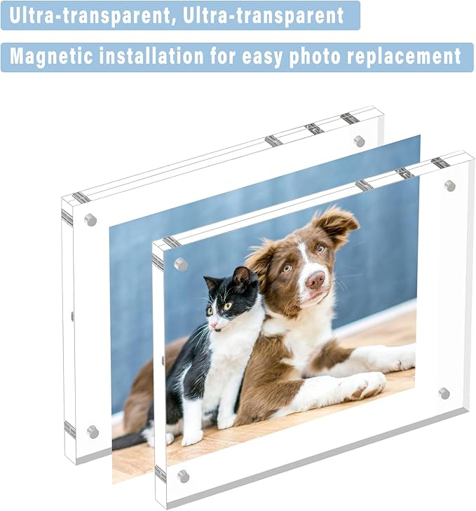 HELPLEX 5 Pack 6x6 Acrylic Picture Frames, 24mm Thicker Square Frameless Clear Frame Double Sided Magnetic Frame, Free Standing Desktop Display Stand