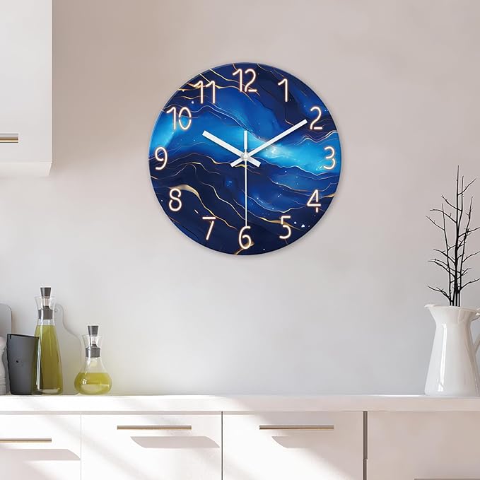 Small Wall Clocks Battery Operated 12 Inch Blue Marble Wall Clock for Kitchen Glass Analog Silent Wall Clock Non Ticking