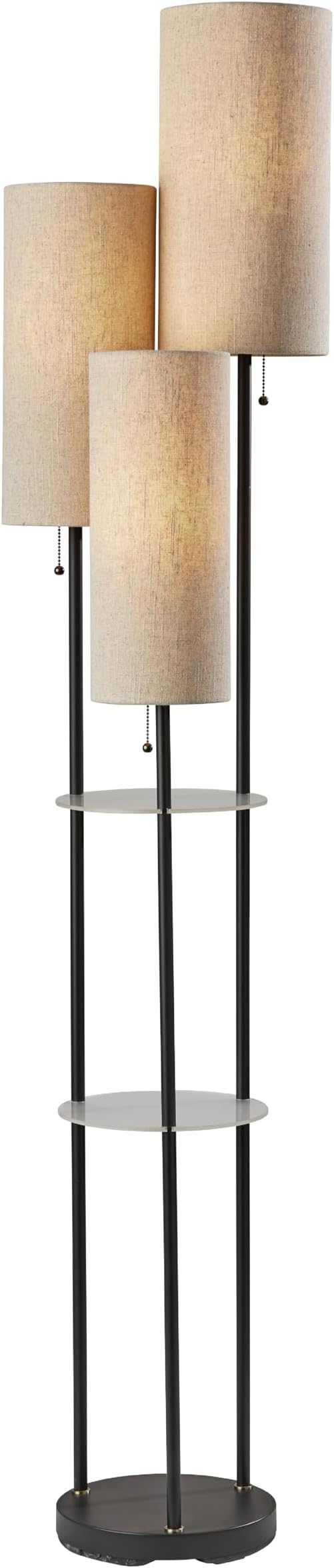 Adesso Trio Floor Lamp with Three Pull Chain Lights and Two-Tier Storage, Black Base, Brown Textured Fabric Shades, 68” Tall, Enhances Room Decor and Lighting