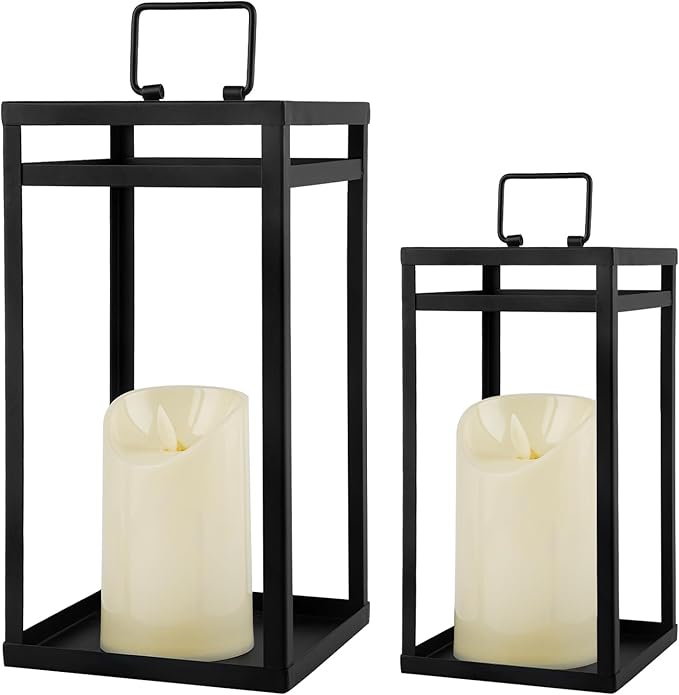 Modern Farmhouse Lantern Decor, 2Pcs Metal Candle Lanterns with Flameless Candles Black Decorative Lantern for Front Porch Covered Patio Dining Table Entryway Table Wedding Home Decor