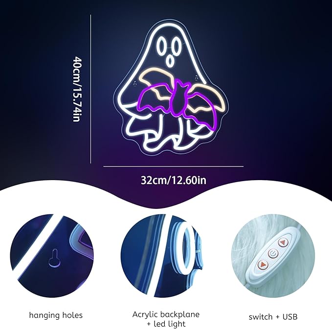 WLHOPE Ghost Bat Halloween Decor Neon Sign Dimmale Neon Lights For Wall Decor Led Lights For Halloween LED Signs Bar Man Cave Club Party Bedroom Game Room Decoration Gifts USB Powered 12.6x15.74in