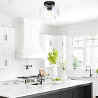 Industrial Semi Flush Mount Ceiling Light Black Chrome, 800 Lumen LED Bulb Included, Clear Glass Shade Ceiling Light Fixture, Farmhouse Light Fixture for Hallway Corridor Kitchen Bathroom