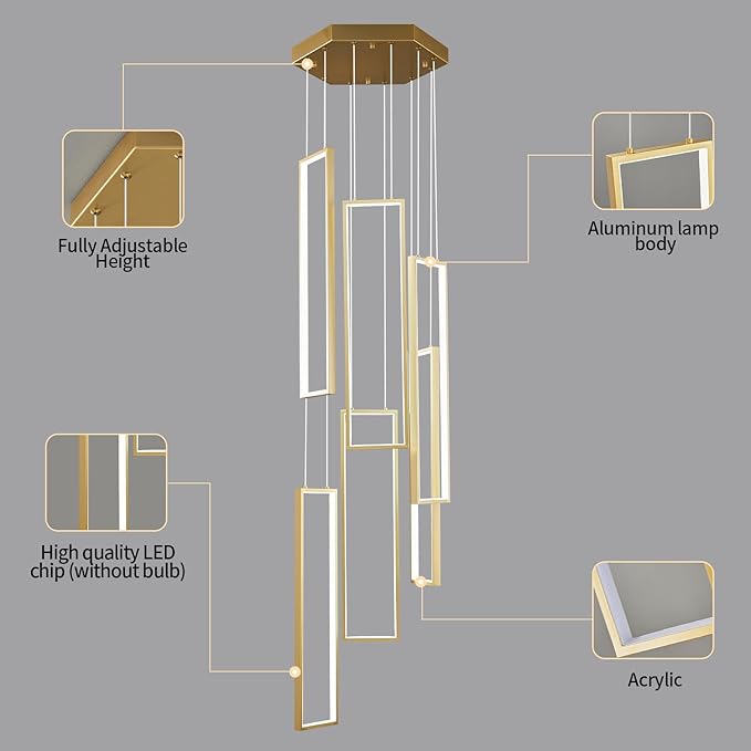 Modern Kitchen Island Dimmable Pendant Light Fixture Gold 108W LED Pendant Lights 6 Rings Rectangular Chandelier Staircase Large Chandelier Lobby Living Room Foyer High Ceiling Chandeliers