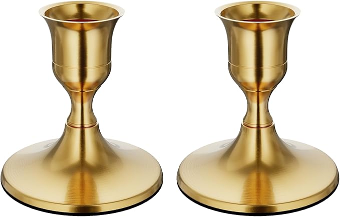 Brass Gold Taper Candle Holders Set of 2, Vintage Metal Candlestick Holders for Dinner Room Table Centerpiece or Mantel Wedding Party Decor