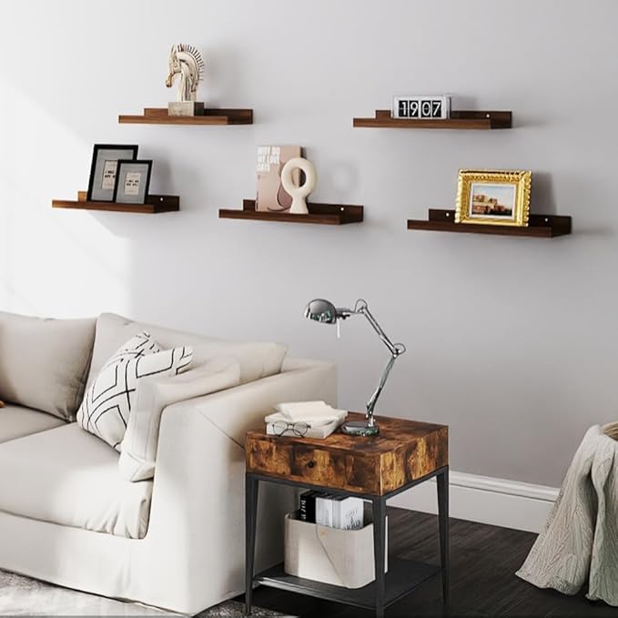 RICHER HOUSE 5 Set Floating Shelves for Wall Decor, Wall Mounted Book Shelf, Nursery Shelves Picture Ledge Shelf with Lip for Wall Storage, Bedroom, Living Room, Bathroom - Walnut