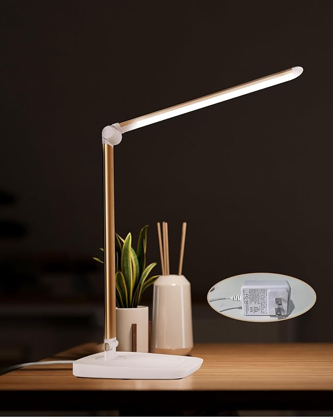Lichamp Dimmable LED Desk Lamp with USB Charging Port, Touch Control Foldable Gooseneck Free Rotation Adjustable Eye Care Table Lamp, Bedside Reading Light with UL AC Adapter (Pink Gold)