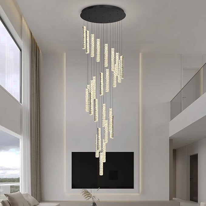 Large Spiral Stair Chandelier High Ceiling Modern LED Dimmable Crystal Chandelier Lighting for Foyer Villa Hallway 25-Light Black