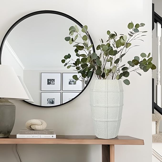 Briful Rustic Terracotta Flower Vase for Home Decor 12" White Farmhouse Textured Barrel-Style Ceramic Vase Vintage Handcrafted Gridded Design for Faux & Dried Flowers Living Room Table Centerpiece