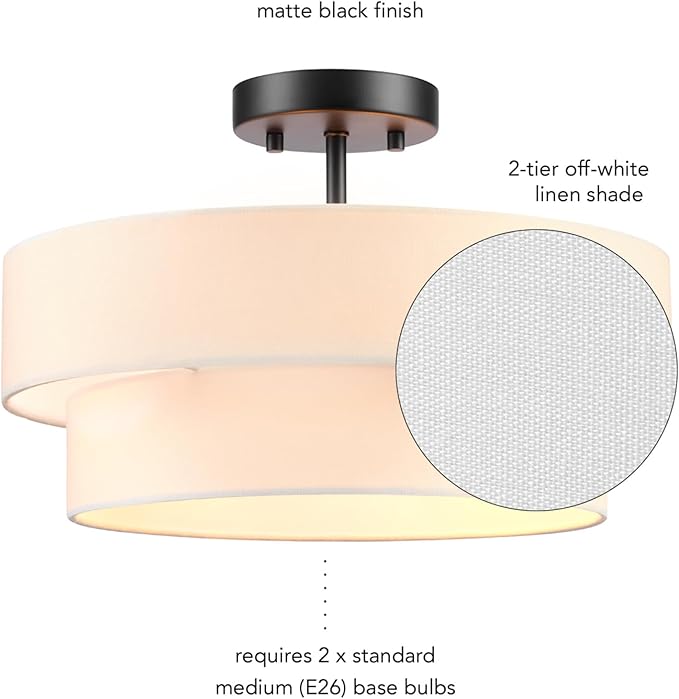 Globe Electric 66000138 2-Light Semi-Flush Mount Ceiling Light, Matte Black, 2-Tier, White Linen Shade, Home Improvement, Dining Room, Kitchen