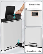 Arlopu 16 GallonStainless Steel Trash Can, 60L Dual Compartment, Metal Kitchen Step Recycle Bin, Metal Double Dustbin, in-Home Garbage Rubbish Can W/Removable Liner Buckets (White)