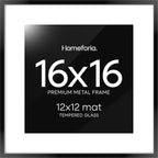 Homeforia 16x16 Picture Frame Black, High End Metal 16x16 Square Poster Frame Matted to 12x12 Print, 16 x 16 Black Frames with Mat 12 x 12 Photo, 16by16 Thin Frames, Tempered Glass, Wall Kit, Set of 1