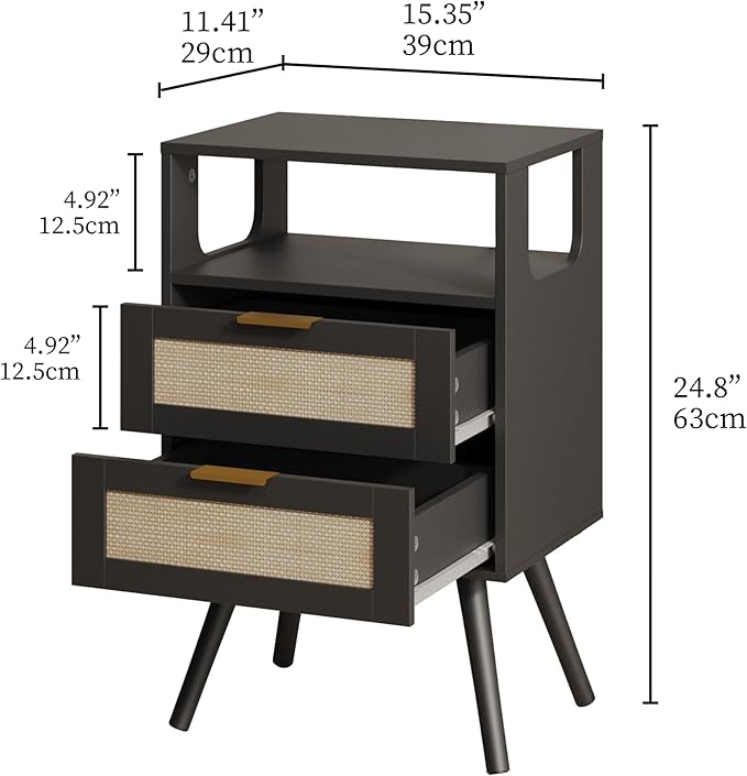 Rattan Nightstand,Farmhouse Bedside Table with 2 Storage Drawer and Open Wood Shelf, for Bedroom and Small Spaces,Night Stand with Solid Wood Legs (Black)