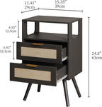 Rattan Nightstand,Farmhouse Bedside Table with 2 Storage Drawer and Open Wood Shelf, for Bedroom and Small Spaces,Night Stand with Solid Wood Legs (Black)