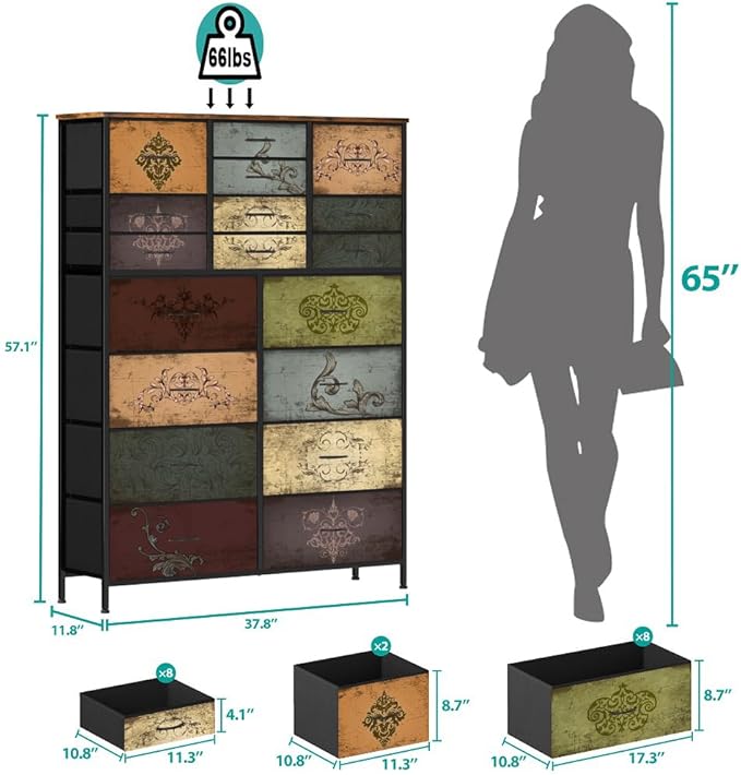 Dresser for Bedroom with 18 Drawers, Tall Fabric Storage Dresser, Chest of Drawers for Closet, Nursery, Bedside, Living Room, Laundry, Entryway, Hallway (Pattern)