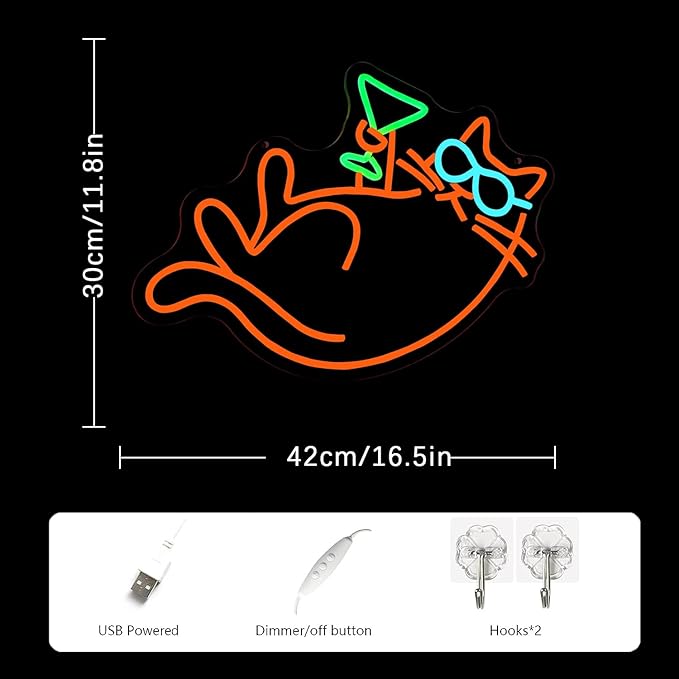 Cat Martini Neon Sign for Wall Decor Bar Neon Light Red Cat with Glasses Drink Beer LED Sign Dimmiable LED Neon Light Sign for Bar Kidsroom Business Bedroom Game Room