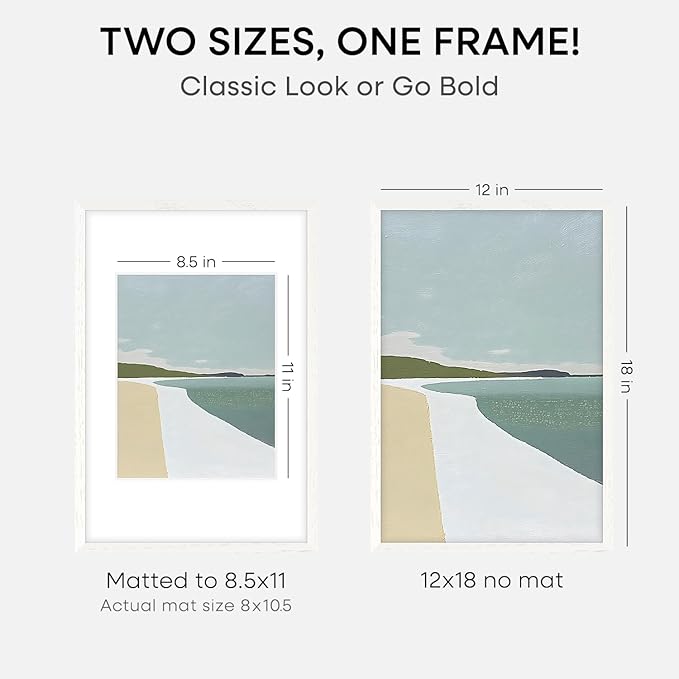 Homeforia 12x18 Frame White Wood, High End Oak 12x18 Poster Frame White with Mat 8.5x11 Print, 12 x 18 Wooden Picture Frames Matted to 8.5 by 11 Photo, 18x12 Frames, Tempered Glass, Wall Kit, Set of 1