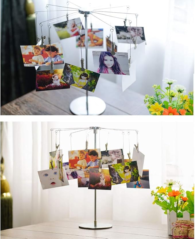 Mollytek Desktop Photo Holder With Clips Postcard Gift Card Picture Display Stand Decor Photo Tree Stand for Table Display Carousel Romantic Design with Plated Wire and 12 Photo Metal Clips