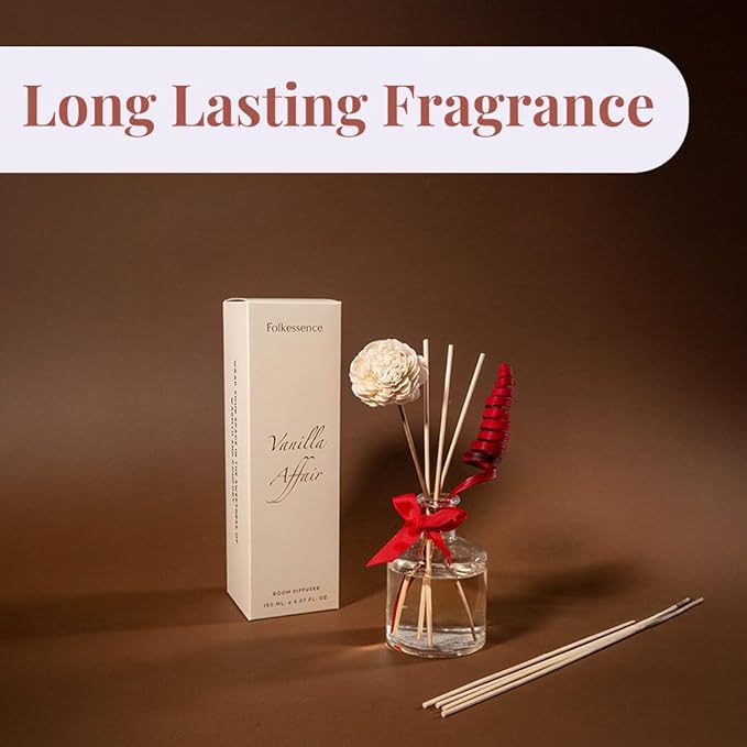 Folkulture Reed Diffusers for Home, 5 oz | Vanilla Scent Diffuser Oil with Sticks for Bathroom Decor Accessories, Living Room, Office, Desk| Natural Essential Oils | Housewarming Gifts | Vanilla