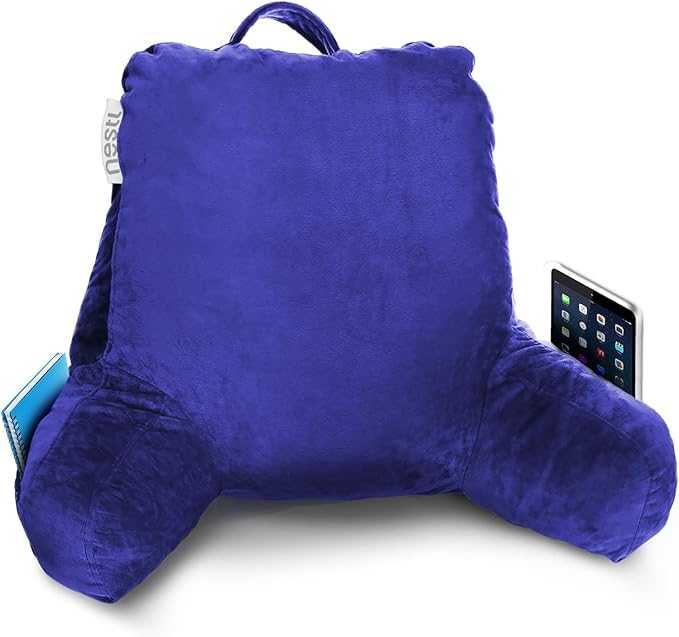 Nestl Reading Pillow Standard Bed Pillow, Back Pillow for Sitting in Bed Shredded Memory Foam Chair Pillow, Reading & Bed Rest Pillows Royal Blue Back Pillow for Bed, Bed Chair Arm Pillow with Pockets