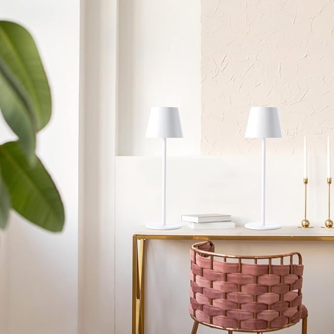 Maksone 2 Pack LED Cordless Table Lamp, 6600mWh Rechargeable Battery Desk Lamp, 3000K Stepless Dimming Night Light, IP54 Waterproof Metal Outdoor Portable Lamp for Camping, Restaurant (White)