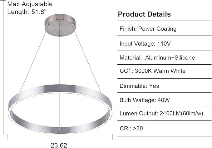 Modern Led Chandelier, 1 Ring Circular Pendant Lights, 23.62" Dining Room Modern Chandelier for Foyer Kitchen Living Room Bedroom Hallway 3000K, Silver Color