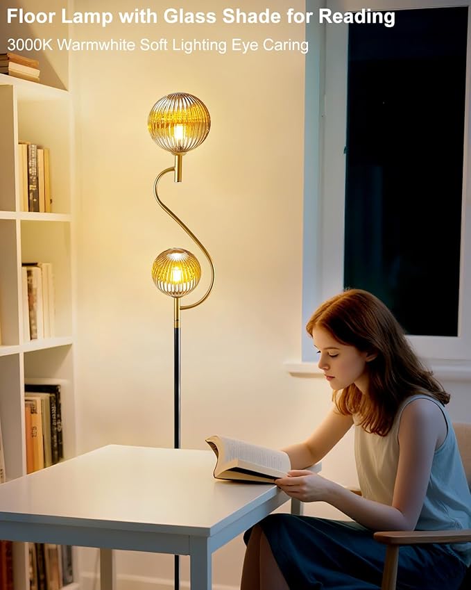 Lightdot Gold & Black Floor Lamp, Mid Century Standing Lamps with Globe Teaed-Strip Glass Shade Soft Warm White Eye Care 3000K Bulbs Included, Modern Tall Floor Lamp for Living Room Bedroom