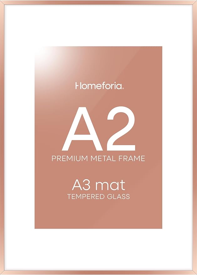 Homeforia A2 Poster Frame Rose Gold, High End Metal A2 Picture Frame Rose Gold with Mat A3 for Print, 16.5x23.4 Frame Matted to 11.7x16.5 Photo, 16.5 by 23.5 Frames, Tempered Glass, Wall Kit, Set of 1