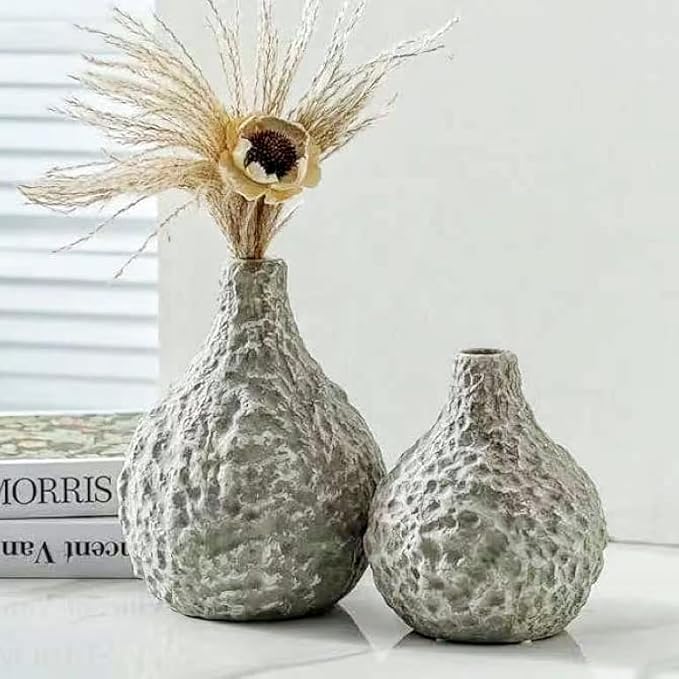 Stone Vases，Ceramic Bud Vase Set of 2,Minimalist Vases for Pampas Grass,Modern Vase for Wabi Sabi Home Decor, Shelf Decoration，Fireplace Decor,Coffee Table Decor