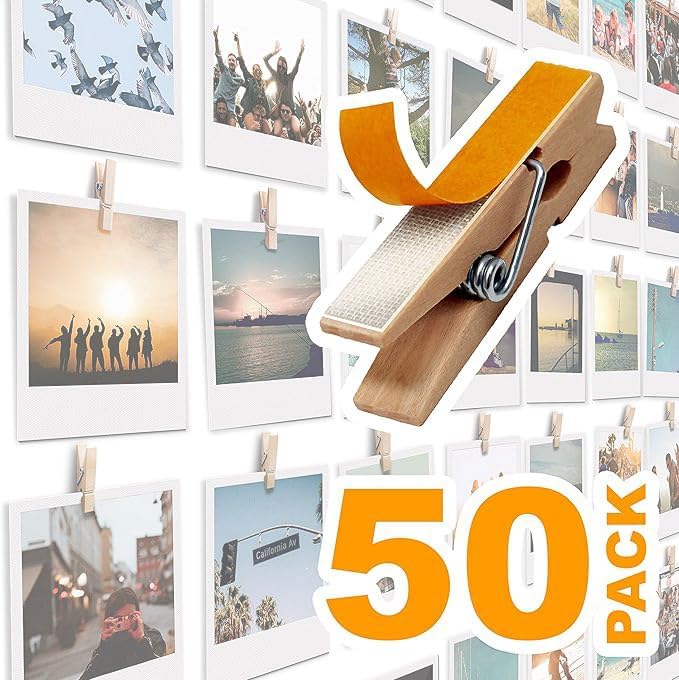 50 pack Mini Self Adhesive Clips for Pictures - Poster Hanger Paper Clip Holder for Wall, Photo Cards Hanging Display Office Board & Picture Boards, Artwork Photos Holders Card Hangers Dorm Room Decor