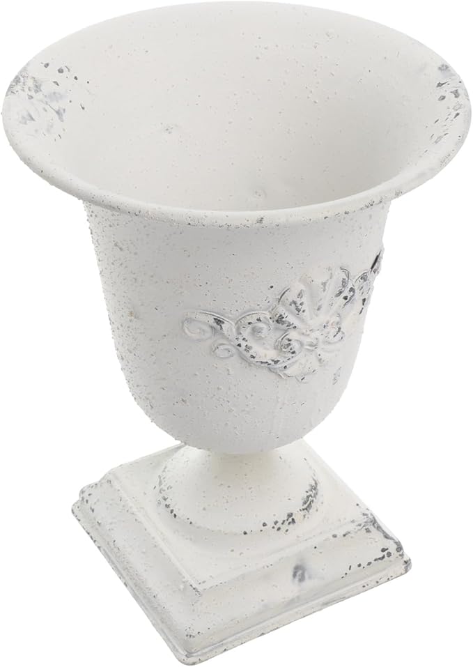 POPETPOP Tall Urn Vase Retro White Metal Urn Planter Pedestal Flower Pot Rustic Farmhouse Flower Holder for French Country Style Home Table Centerpiece Decor，5.9x5.9x7.47 inches
