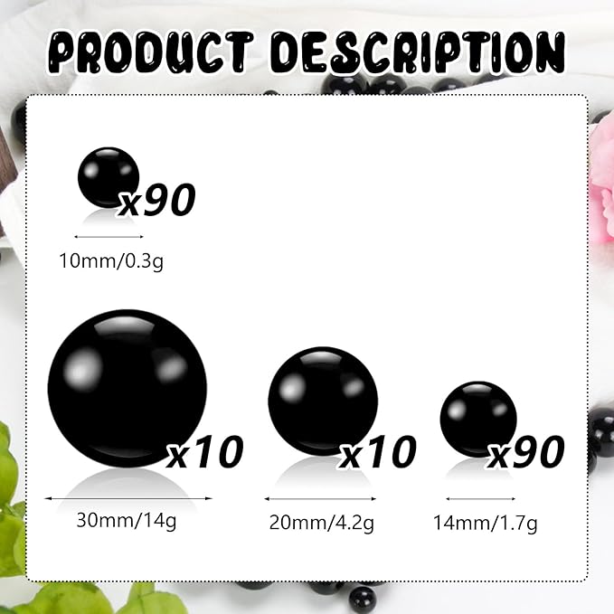 200PCS Black Faux Pearls Beads for Centerpiece Vases, Vase Filler Faux Pearls, No Holes Filler Beads for Party Anniversary Birthday Wedding Table Decor, 10/14/20/30mm