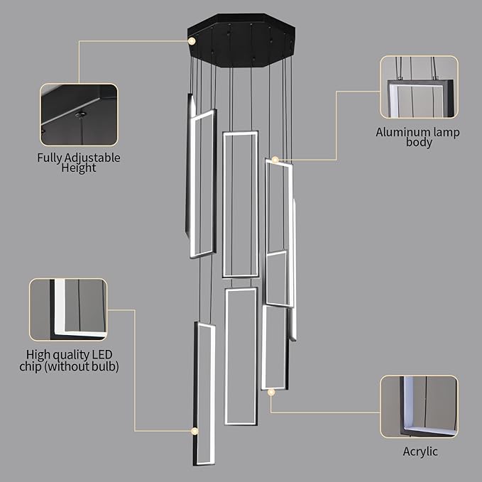 Modern Kitchen Island Dimmable Pendant Light Fixture Black 144W LED Pendant Lights 8 Rings Rectangular Chandelier Staircase Large Chandelier Lobby Living Room Foyer High Ceiling Chandeliers