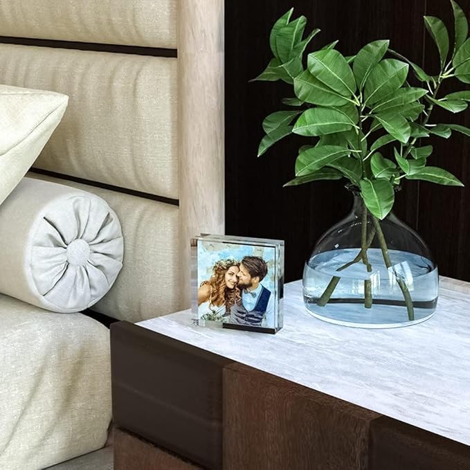 HELPLEX Acrylic Frame, 5 Pack 4x4 Inch Picture Frames, 20mm Thicker Frameless Clear Double Sided Magnetic Free Standing Desktop Display Stand