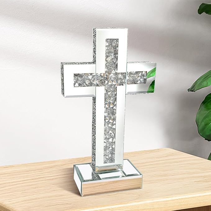 Aeveco Silver Mirrored Cross, Crystal Crush Diamond Cross for Living Room, Bedroom, Home Decor