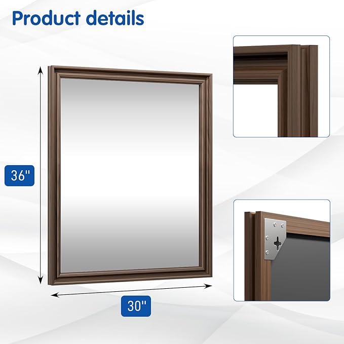 WEER Retro Copper Bathroom Mirror, 36x30 Inch Bronze Oil Rubbed Framed Mirror, Rectangle Classic Vintage Framed Wall Mirror, Farmhouse Vanity Mirror, Tempered Glass, Vertically or Horizontally