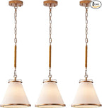 3-Pack Vintage Brass Kitchen Pendant Lighting Over Island White Linen Pendant Light 10in Copper Pendant Lighting with Hemp Rope Rod Entryway Ceiling Hanging Light for Dining Room