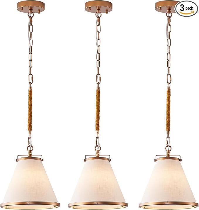 3-Pack Vintage Brass Kitchen Pendant Lighting Over Island White Linen Pendant Light 10in Copper Pendant Lighting with Hemp Rope Rod Entryway Ceiling Hanging Light for Dining Room